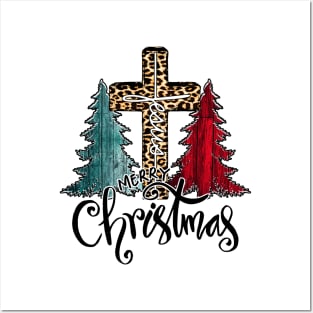 Merry Christmas Tree Lights Buffalo Plaid Red Jesus Cross Shirt Posters and Art